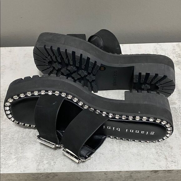 Gianni Bini Black Leather Rhinestone Buckle Sandals - Picture 11 of 14